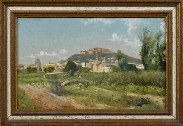 Certosa di San Martino vista da Capodimonte, XIX secolo, olio su tavoletta, cm 14x22,5, entro cornice, (lievi segni di usura)