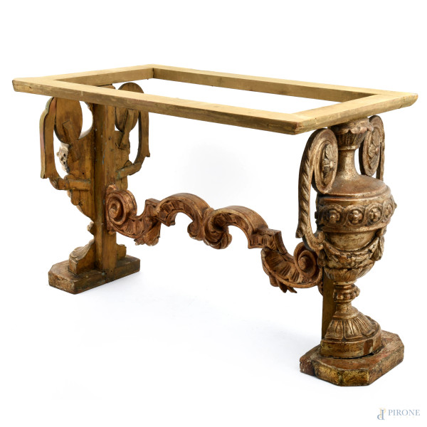 Struttura da tavolo in legno dorato e intagliato a festoni, XX secolo, cm 42x70x35, (segni di usura, assenza di piano)