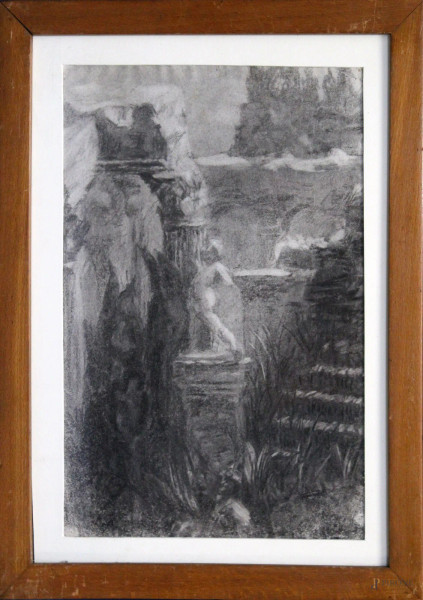 Esterno di villa, disegno a carboncino su carta, firmato Adolf Hiremy Hirschl, cm 23 x 34, entro cornice.