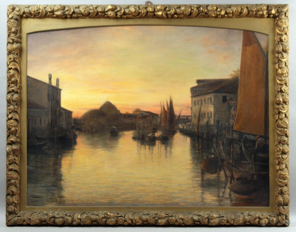 Scorcio di Chioggia con imbarcazioni, olio su tela, cm. 65x86, firmato Bertelli, , entro cornice.