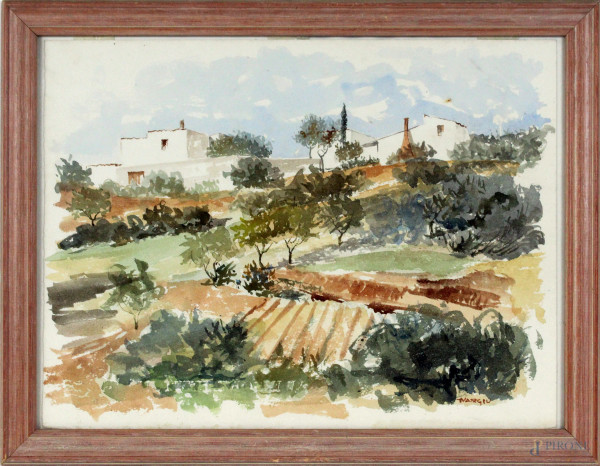 Paesaggio con case, acquarello su cartoncino, cm. 28x37, firmato, XX secolo, entro cornice.
