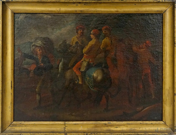 Scuola olandese del XVII secolo, Soldati a cavallo, olio su tela, cm 49x65,5, entro cornice