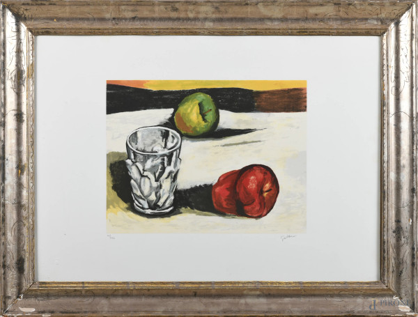 Renato Guttuso, Natura morta con bicchiere, litografia su carta, es. 32x172, cm 50x70, entro cornice, firmato in basso a destra, entro cornice