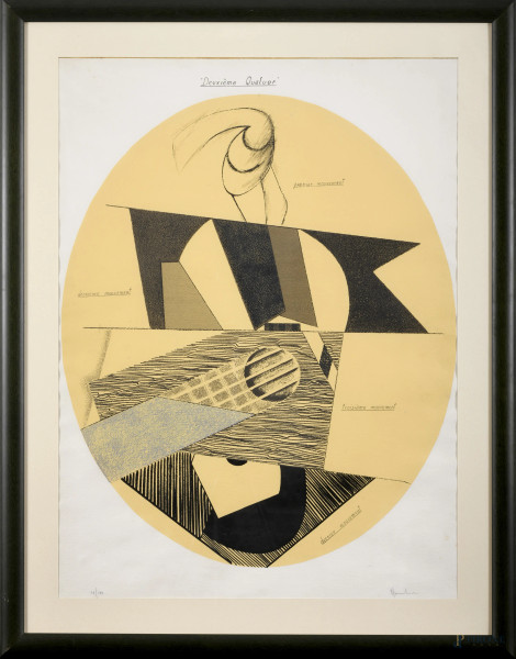 Aldo Mondino (Torino, 1938 – Torino, 2005) Deuxième Quatuor, litografia, cm 74x54 entro passepartout e cornice, esemplare 11/100, (difetti)