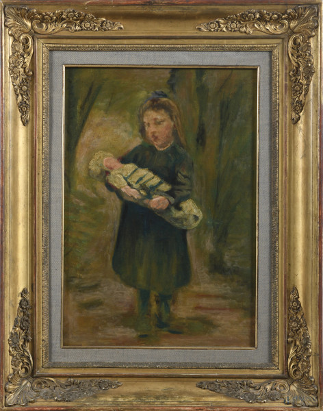 Bambina con bambola, XX secolo, olio su tela, cm 49x35, entro cornice