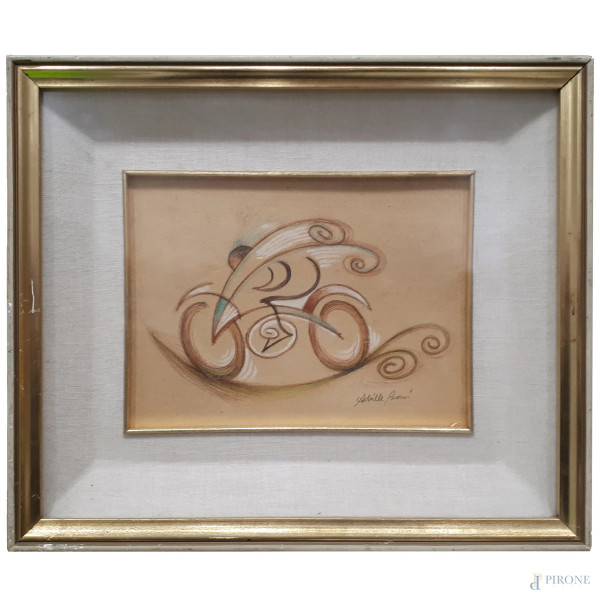 Achille Boni (XX sec.) Velociclo, tecnica mista su cartone, cm 18x23,5, firmato