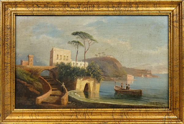 Villa sul Golfo di Napoli, olio su tela, cm 30x50, firmato, entro cornice.