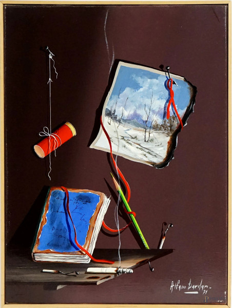Alfano Dardari - Mensola con oggetti - Tromple-l'oeil, olio su tela, cm 40x30, firmato e datato in basso a destra "Alfano Dardari 71"