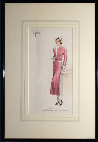 Alta moda "rosa",stampa francese 17x35 cm,periodo Liberty,in cornice