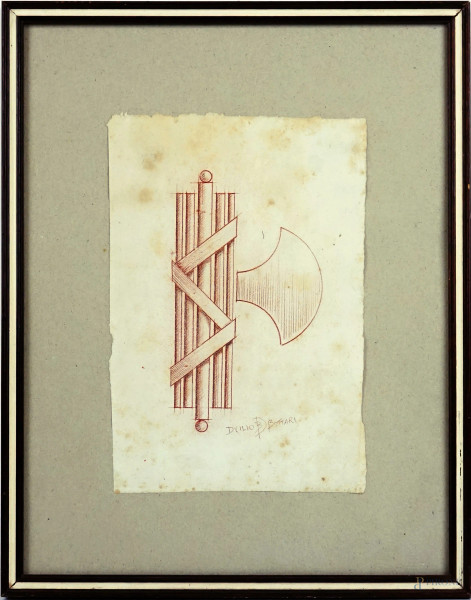 Fascio littorio, bozzetto a sanguigna, cm 23x15,5, firmato, entro cornice, (macchie sulla carta).