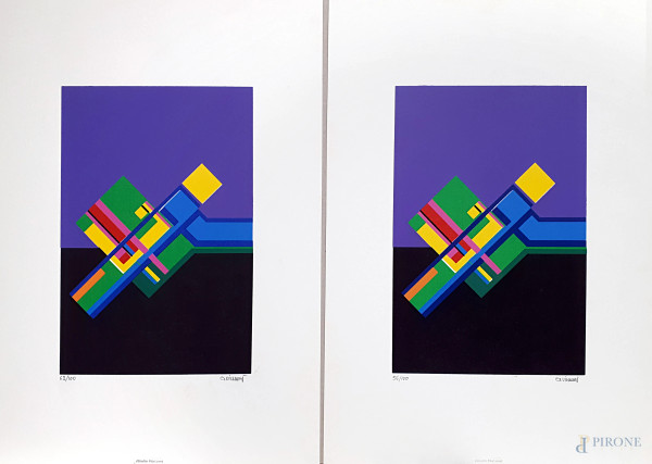 Giulio Viscione (1939-2013) Composizione geometrica, coppia di grafiche, cm 50x35, ex 56/100 e 62/100, firmati, in eccellenti condizioni