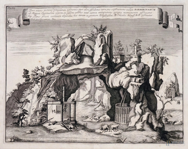 Antica incisione raffigurante una fontana sacra alle ninfe, cm 35x44