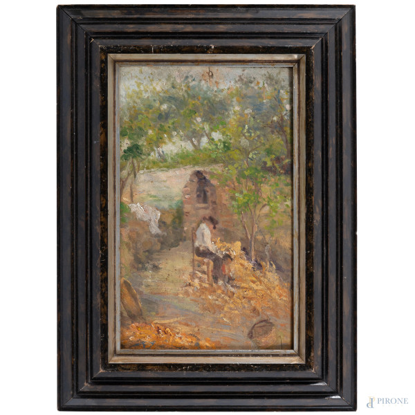Esterno di casale con contadino, olio su tavola, cm 28x17,5, entro cornice