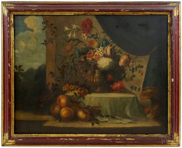 Pittore del XVIII secolo, Natura morta - Fiori e frutta, olio su tela, cm 70,5x90, entro cornice