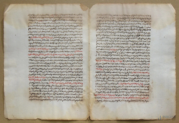 Antica e rara doppia pagina manoscritta vergata a caratteri arabi con inchiostro di galla e lacca rossa, Persia, XVIII°sec.