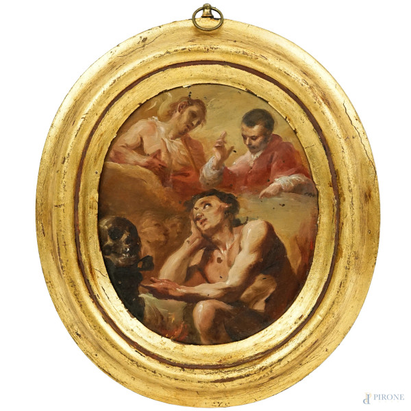 Pittore del XVIII secolo, Scena Sacra con San Giovanni Battista e San Carlo Borromeo, olio su rame ad assetto ovale, cm 16x13,5, entro cornice, (difetti)