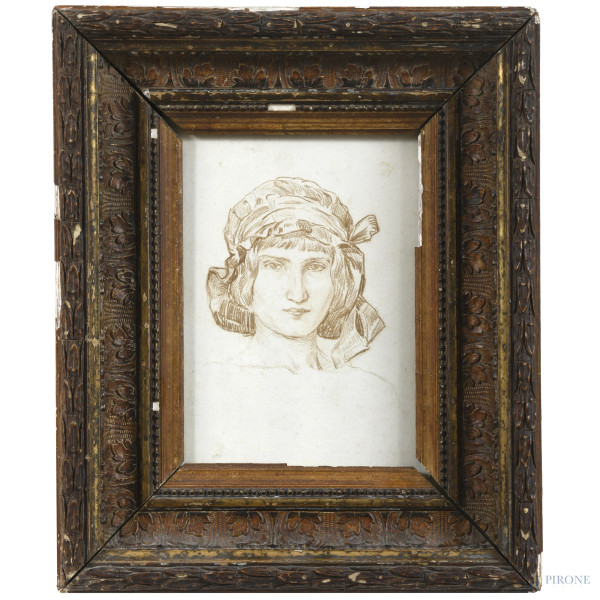 Volto femminile, XX secolo, stampa su carta applicata su cartoncino, cm 20x15, entro cornice