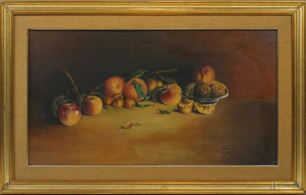 Natura morta con frutta, olio su compensato,  cm 50x89,5, firmato e datato D.Veronese 1940, entro cornice.
