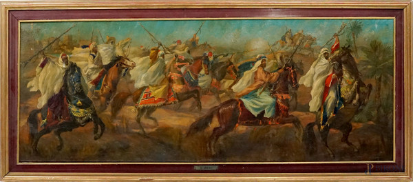 Cavalieri arabi, olio su tela, cm 33x89, firmato S.Ussi, entro cornice