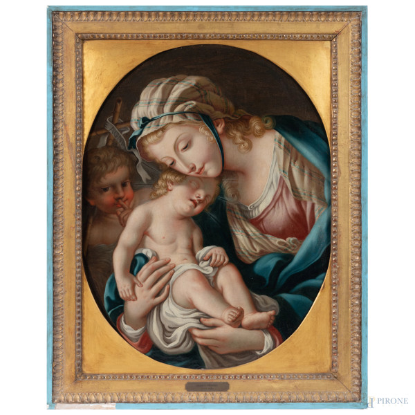 Madonna con Bambino dormiente e San Giovannino, XIX secolo, olio su tela circolare, cm 67x52, entro cornice