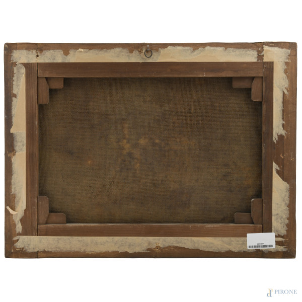 Pittore del XVIII secolo, Paesaggio con pescatore, olio su tela, cm 44x60, (difetti)