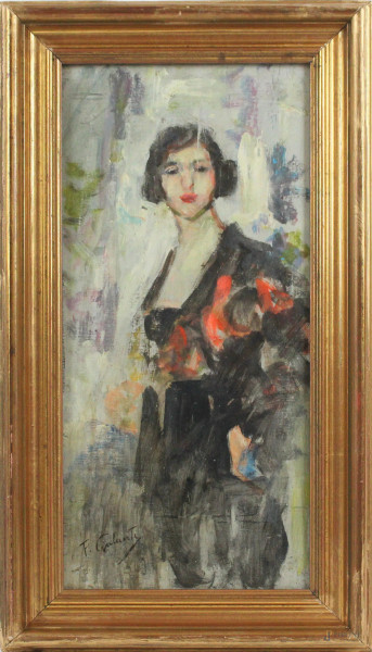 Ritratto di donna, olio su compensato, cm 30x15, firmato, entro cornice