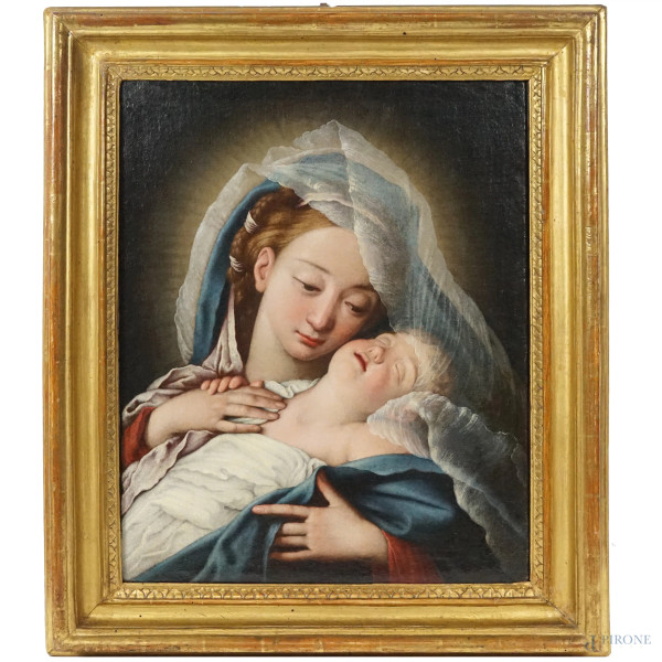 Seguace di Giovanni Battista Salvi, Il Sassoferrato (1609 - 1685), Madonna con Bambino, olio su tela, cm 48.5x38.5, entro cornice