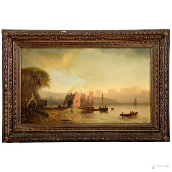 Scorcio di marina olandese, XIX secolo, olio su tela, siglato GB in basso a destra, cm 45x75,5 entro cornice (ondulazioni della tela, lieve craquelure)