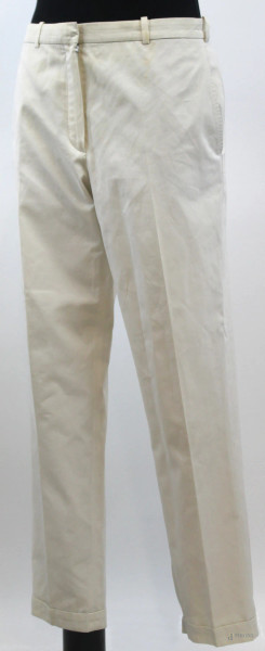 Hermès Paris, pantalone a sigaretta color avorio in cotone, due tasche, chiusura con zip e gancetto, taglia 40.