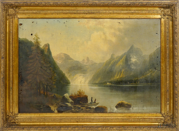 Lago montano, sec. XIX, olio su tela, cm 53x79,5, (difetti)