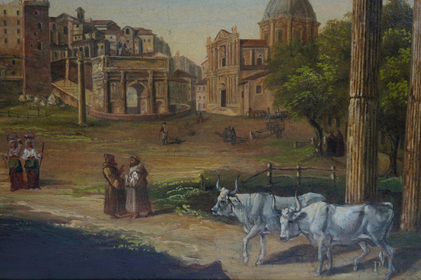 Pittore olandese del XIX secolo, Veduta di Campo Vaccino, olio su tela, cm 42x62 entro cornice.