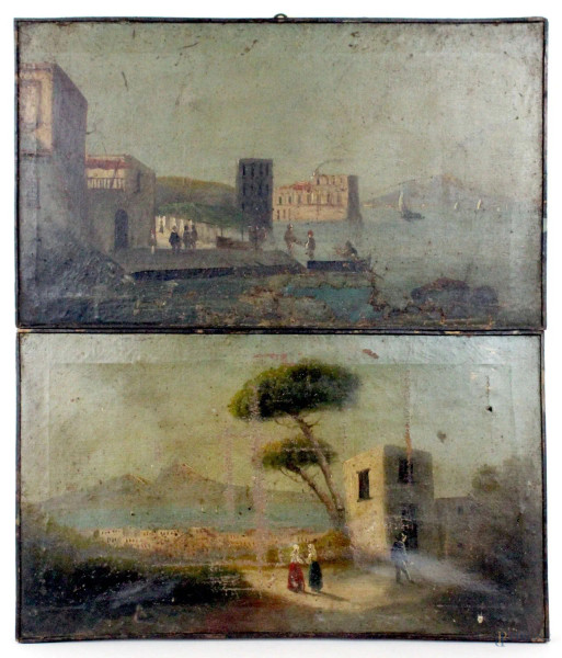 Coppia di vedute del Golfo di Napoli, olio su tela, cm 31x54, XIX secolo, (difetti)