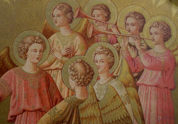 Coppia di stampe policrome su fondo dorato raffiguranti angeli musicanti, XX secolo, diametro cm ...