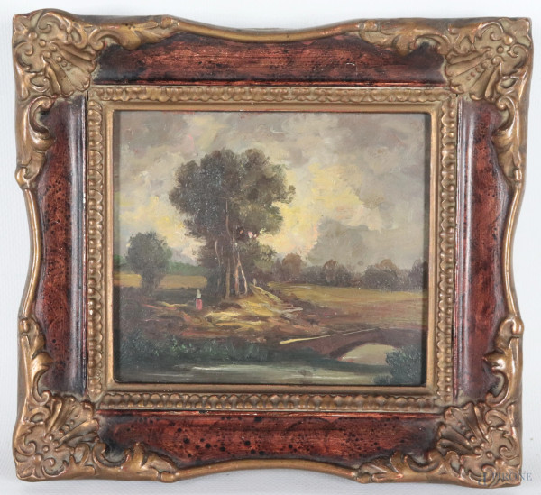 Paesaggio con alberi e ponte, XX secolo, olio su faesite, cm 12x14, entro cornice