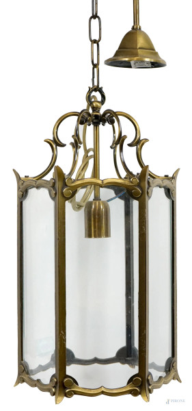 Lampadario a sospensione in metallo dorato e vetro, cm h 50