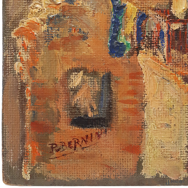 P: Bernini (XX sec.) Scorcio di Livorno, 1948, olio su faesite, cm 40x20, firmato, titolo e anno ...