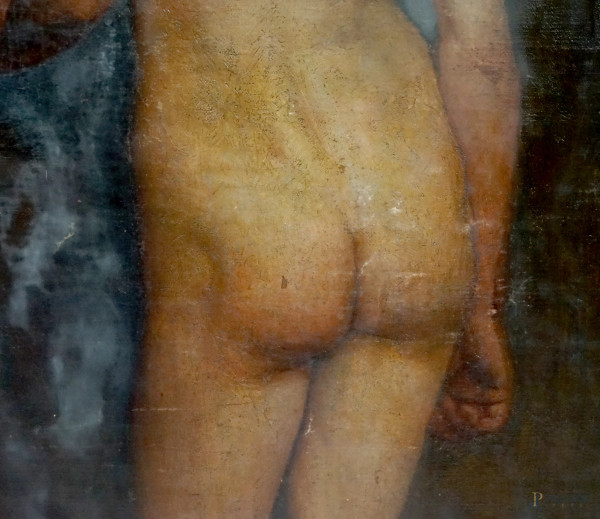 Nudo maschile di spalle, olio su cartone telato, cm 80,5x51,5, entro cornice. (Difetti)