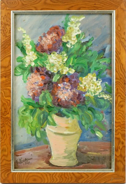 Vaso con fiori, olio su masonite, cm 30x19,5, firmato e datato, entro cornice