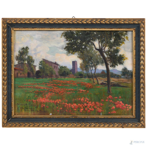 Veduta di Tor Fiscale con i papaveri, XIX-XX secolo olio su cartoncino, cm 26x36, entro cornice (ondulazione del supporto)