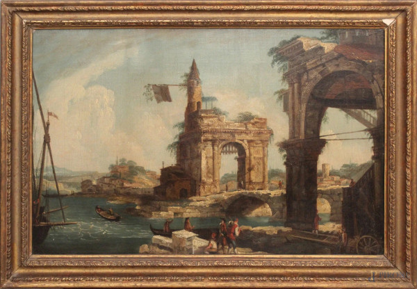 Scorci di porto con rovine, coppia di dipinti ad olio su tela, 35x54cm, entro cornice, XIX sec.