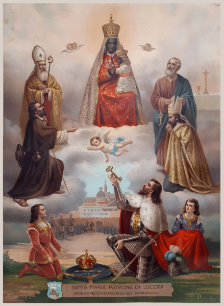 Santa Maria patrona di Lucera, antica grande cromolitografia su carta pesante, cm 71x51