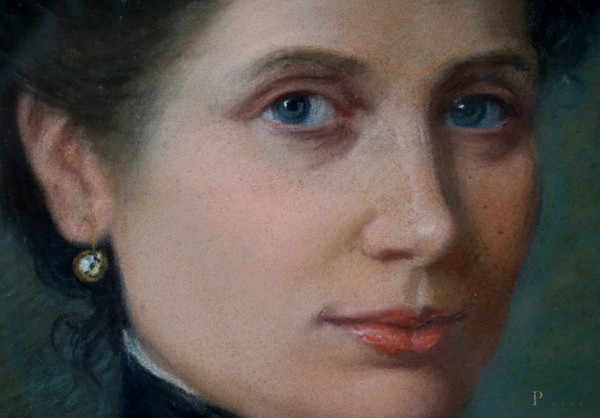 Ritratto di nobildonna, pastello su carta in assetto ovale, XIX-XX secolo, cm 53x40, entro cornic...