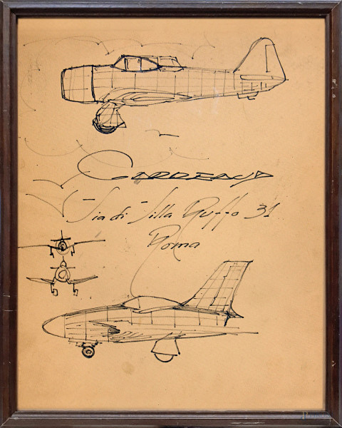 Aeropittore del Novecento, Studio di aerei, inchiostro su cartone, cm 34x29, con cornice, firmato Carreaud al centro, al retro studio per corrida