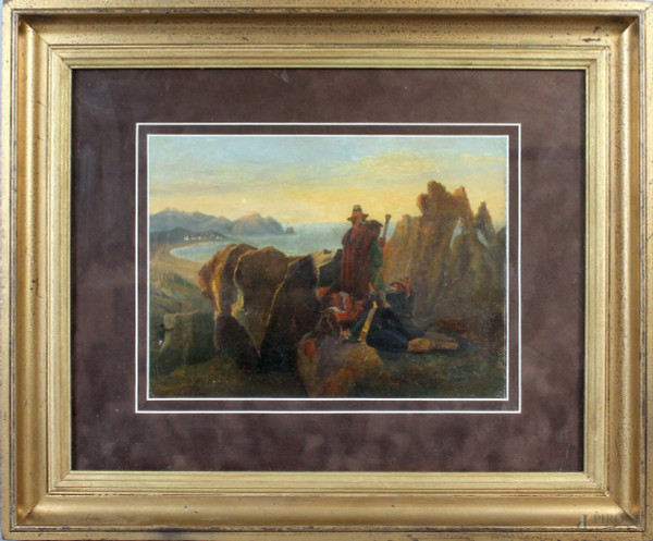 Paesaggio con briganti, olio su tela, cm. 24x32, firmato, entro cornice.