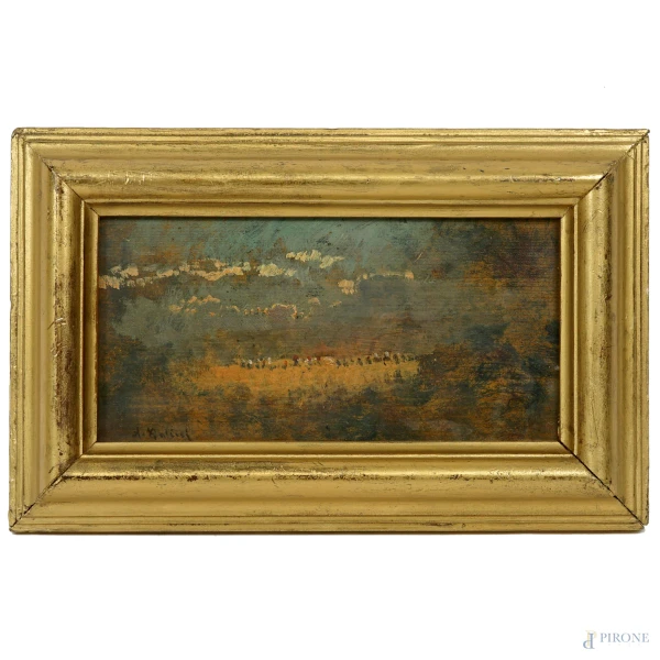 Paesaggio, olio su tavola, cm 10,5x20, firmato, entro cornice. (Difetti)