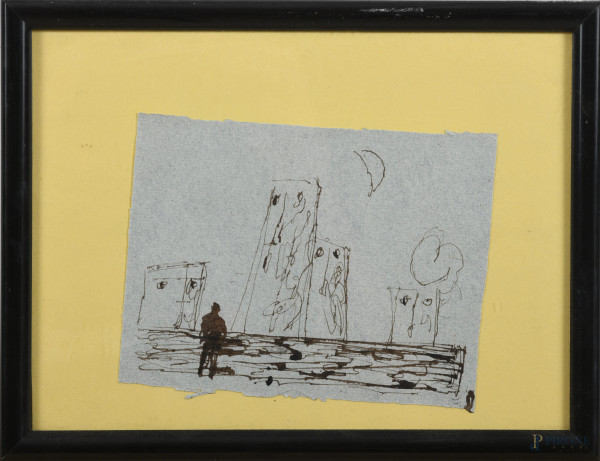 Paesaggio urbano con figura, inchiostro su carta, cm 11,5x15, entro cornice