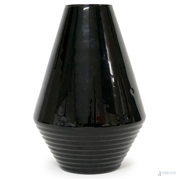 Vaso Art Dèco in vetro nero, XX secolo, cm h 32,5, (difetti)