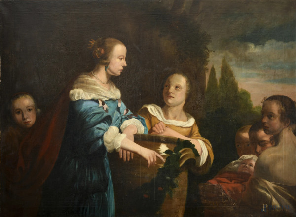 Mosè salvato dalle acque (da Jean de Bray), XVIII secolo, olio su tela, cm 121,5x164, (segni di usura, cadute di colore, craquelure)