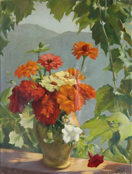 Natura morta con vaso di fiori, olio su tela, 66x50 cm, firmato