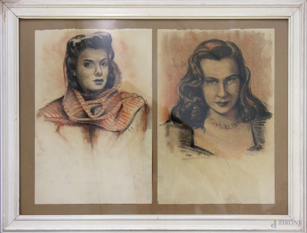 Artista dei primi del Novecento, coppia di ritratti femminili, sanguigna e carboncino su carta, ciascuno cm 21x30, siglati M.F.   